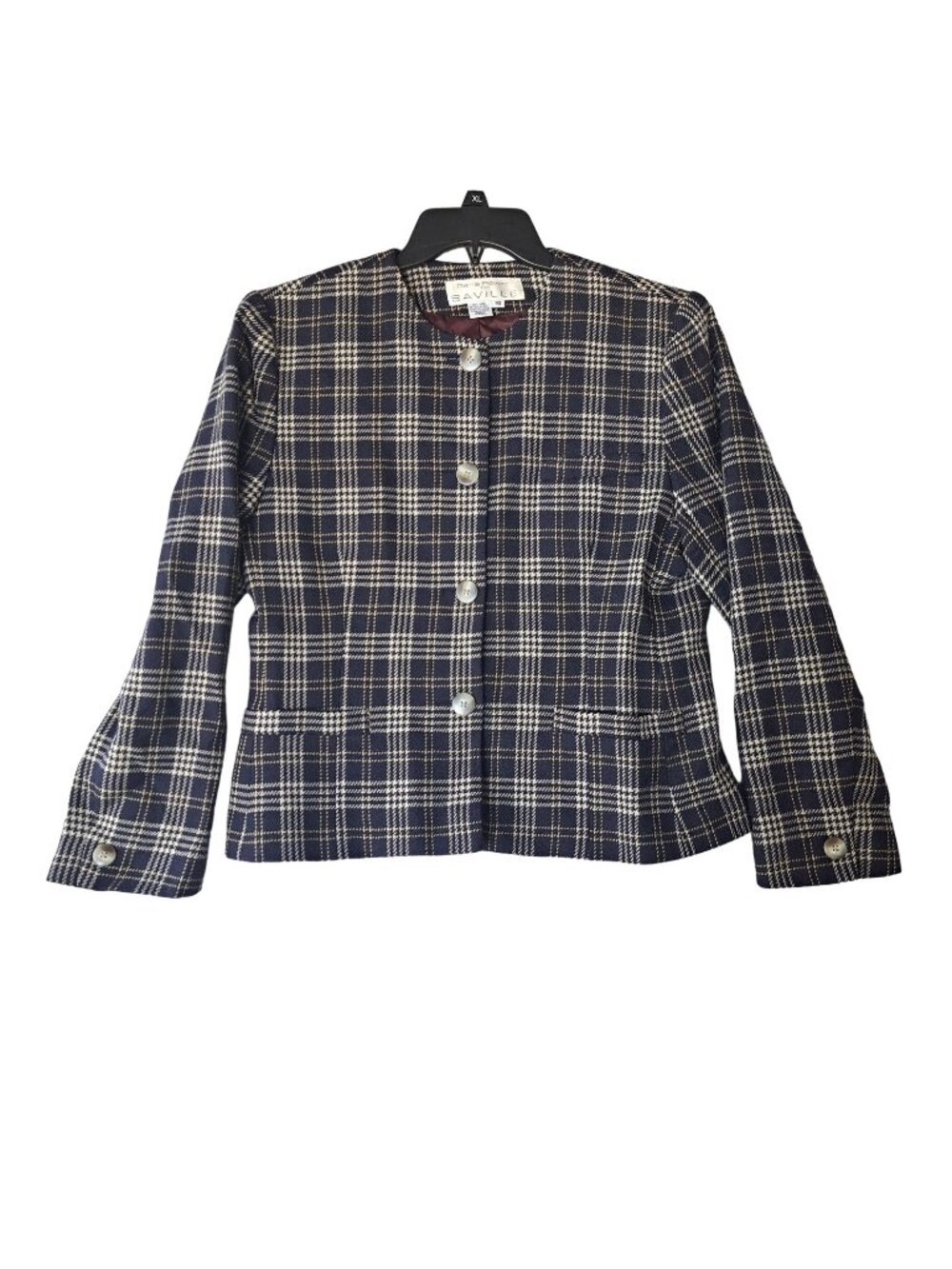 Rena Rowan Saville Size 10 Wool Jacket Blue White Gold Plaid Button Front